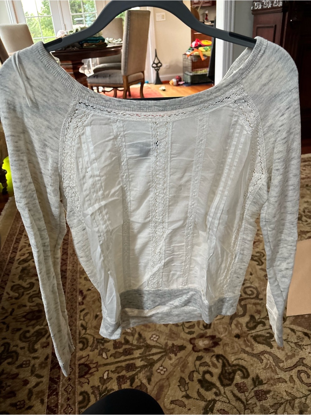 American Eagle Outfitters Light Gray and White Lace-Panel Long Sleeve Top